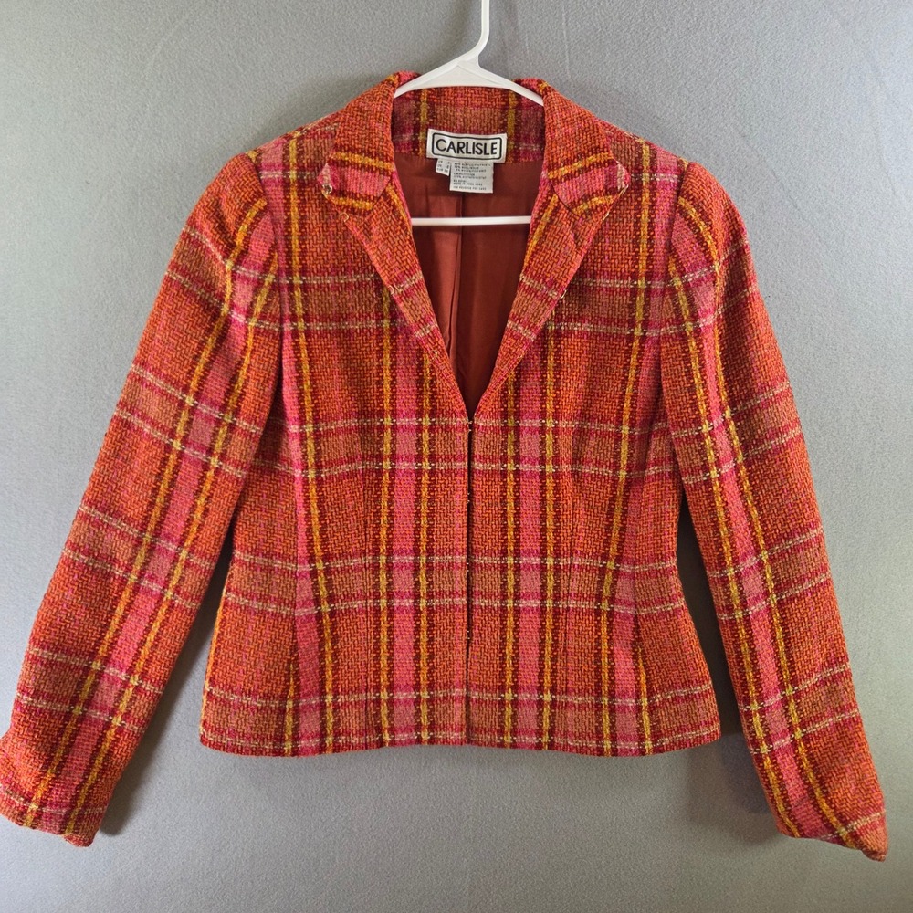 Carlisle Vtg Orange Pink Plaid Wool Blend Tweed Blazer Jacket Size 4 Tailored